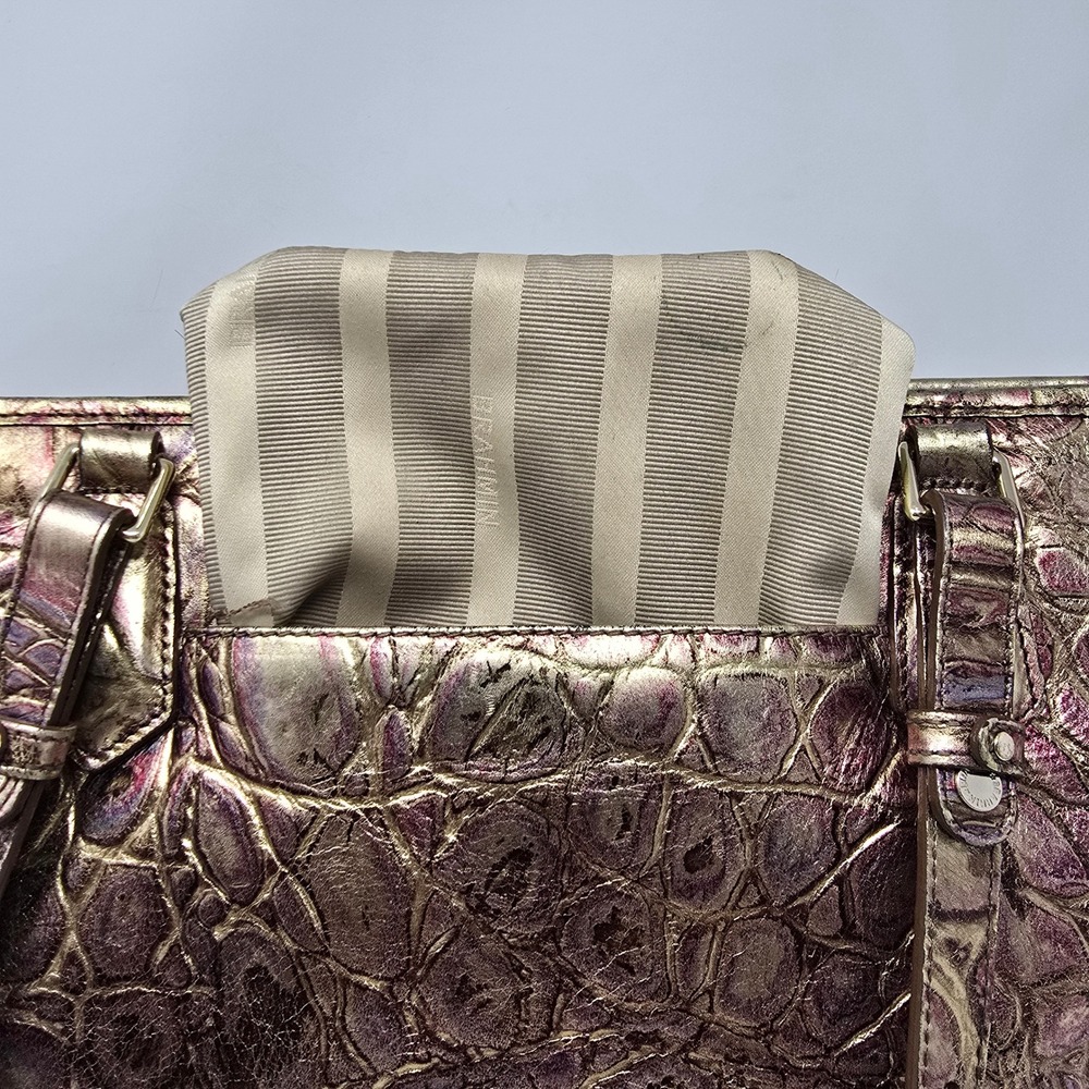 Brahmin Medium Asher Handbag Metallic Gold Purple Croc Tote Bag Purse READ - Picture 7 of 16